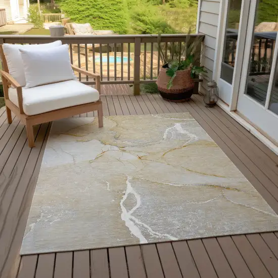 Beige Abstract Washable Indoor Outdoor Area Rug Photo 9