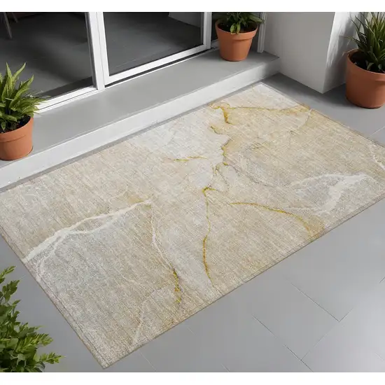 Beige Abstract Washable Indoor Outdoor Area Rug Photo 1