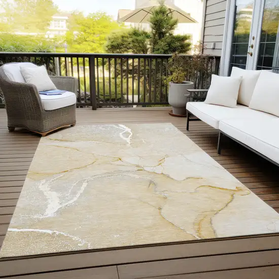 Beige Abstract Washable Indoor Outdoor Area Rug Photo 6