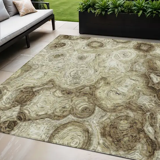 Beige Abstract Washable Indoor Outdoor Area Rug Photo 1