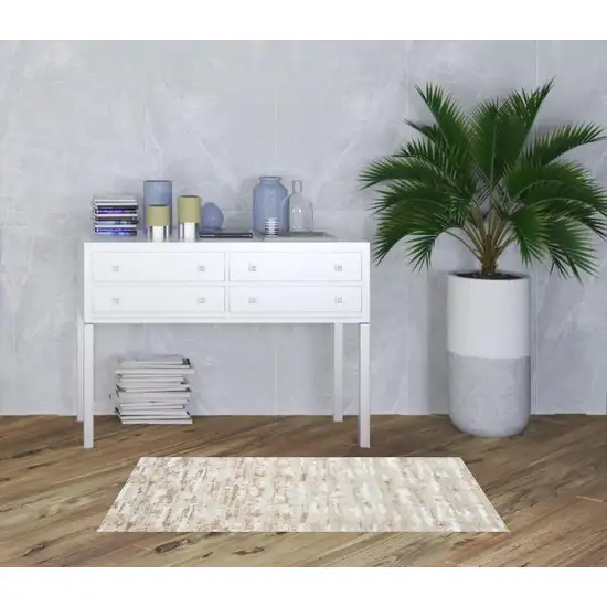 Beige Abstract Washable Non Skid Area Rug With Fringe Photo 2