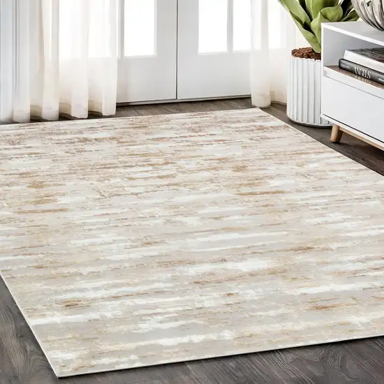 Beige Abstract Washable Non Skid Area Rug With Fringe Photo 1