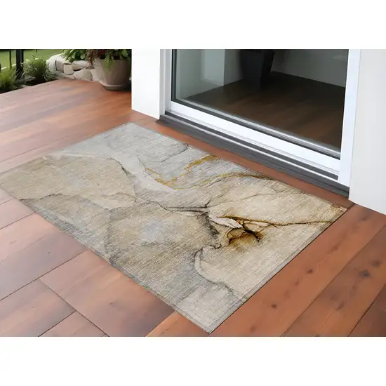 Beige Abstract Washable Non Skid Indoor Outdoor Area Rug Photo 1