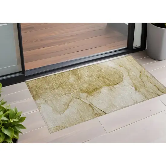 Beige Abstract Washable Non Skid Indoor Outdoor Area Rug Photo 1