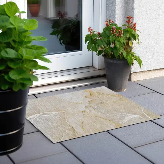 Beige Abstract Washable Non Skid Indoor Outdoor Area Rug Photo 6