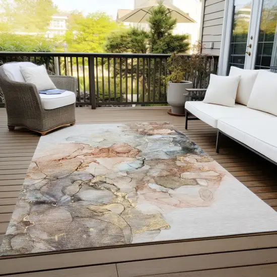 Beige Abstract Washable Non Skid Indoor Outdoor Area Rug Photo 9