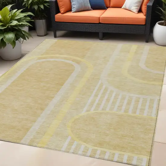 Beige Abstract Washable Indoor Outdoor Area Rug Photo 1