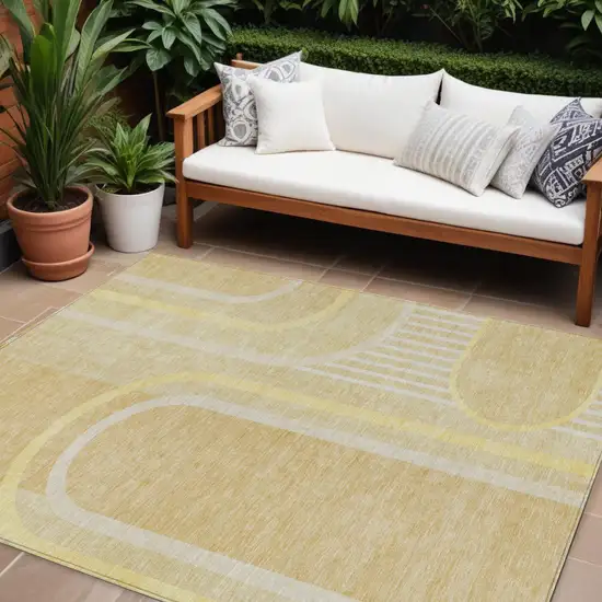 Beige Abstract Washable Indoor Outdoor Area Rug Photo 1