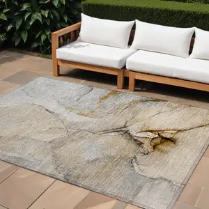 Photo of Beige Abstract Washable Non Skid Indoor Outdoor Area Rug