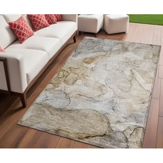 Beige Abstract Washable Non Skid Indoor Outdoor Area Rug Photo 1