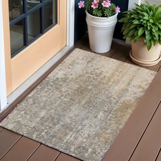 Beige Abstract Washable Non Skid Indoor Outdoor Area Rug Photo 1