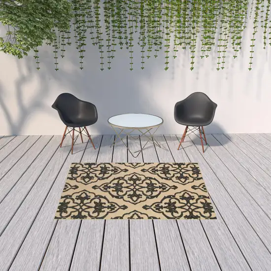 Beige And Black Medallion Stain Resistant Indoor Outdoor Area Rug Photo 2