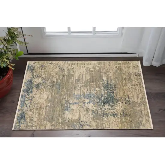 Beige And Blue Abstract Area Rug With Fringe Photo 1