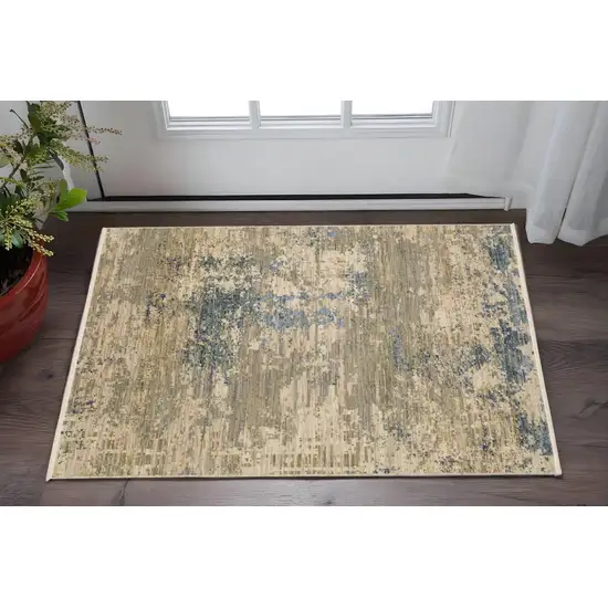 Beige And Blue Abstract Area Rug With Fringe Photo 1