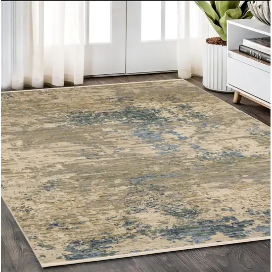 Beige And Blue Abstract Area Rug With Fringe Photo 1