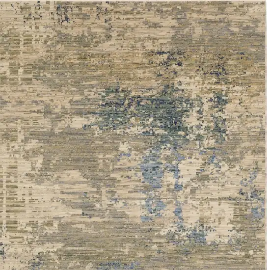 Beige And Blue Abstract Area Rug With Fringe Photo 8