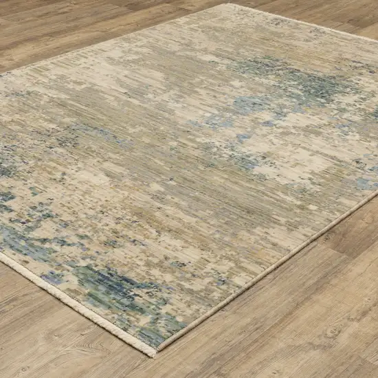 Beige And Blue Abstract Area Rug With Fringe Photo 4