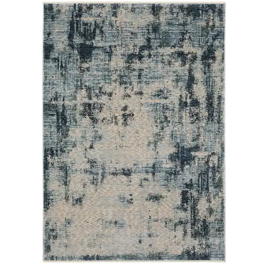 Beige And Blue Abstract Distressed Area Rug With Fringe Photo 2