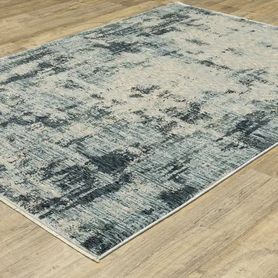 Beige And Blue Abstract Distressed Area Rug With Fringe Photo 5