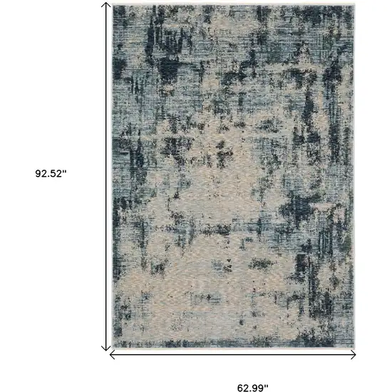 Beige And Blue Abstract Distressed Area Rug With Fringe Photo 3