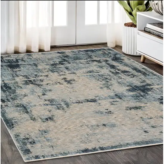 Beige And Blue Abstract Distressed Area Rug With Fringe Photo 1