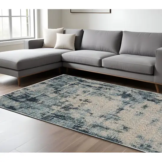 Beige And Blue Abstract Distressed Area Rug With Fringe Photo 1