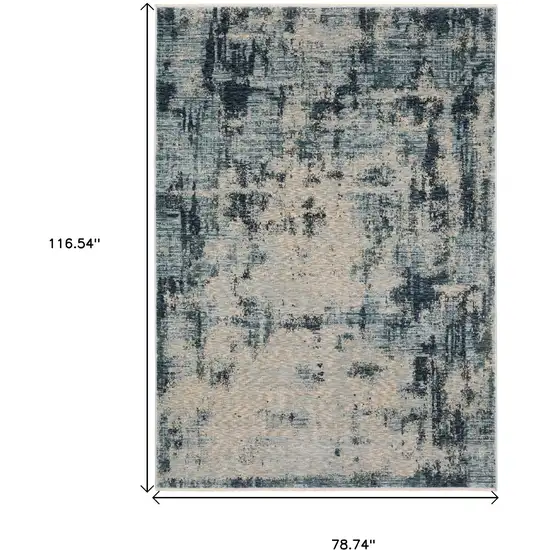 Beige And Blue Abstract Distressed Area Rug With Fringe Photo 3