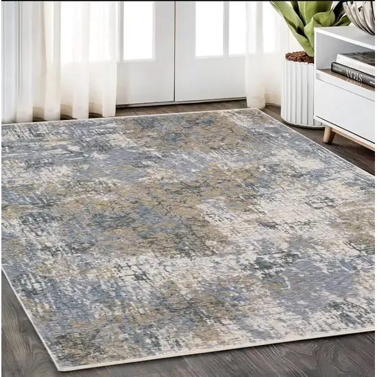 Beige And Blue Abstract Distressed Area Rug With Fringe Photo 1