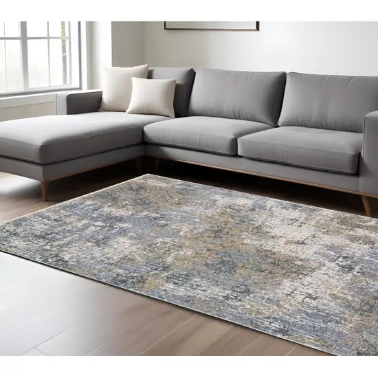 Beige And Blue Abstract Distressed Area Rug With Fringe Photo 1