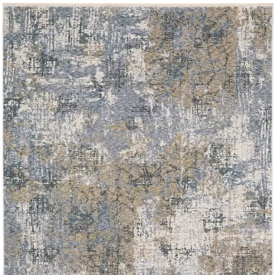 Beige And Blue Abstract Distressed Area Rug With Fringe Photo 7