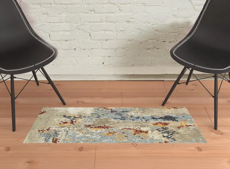 Beige And Blue Abstract Power Loom Stain Resistant Area Rug Photo 2