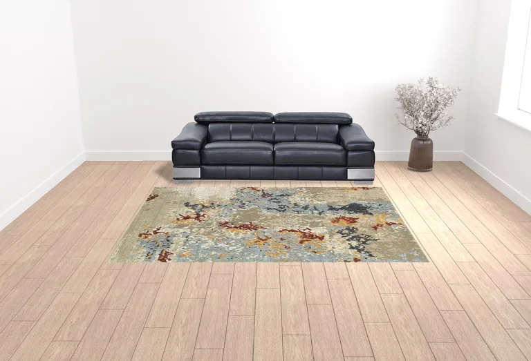 Beige And Blue Abstract Power Loom Stain Resistant Area Rug Photo 2