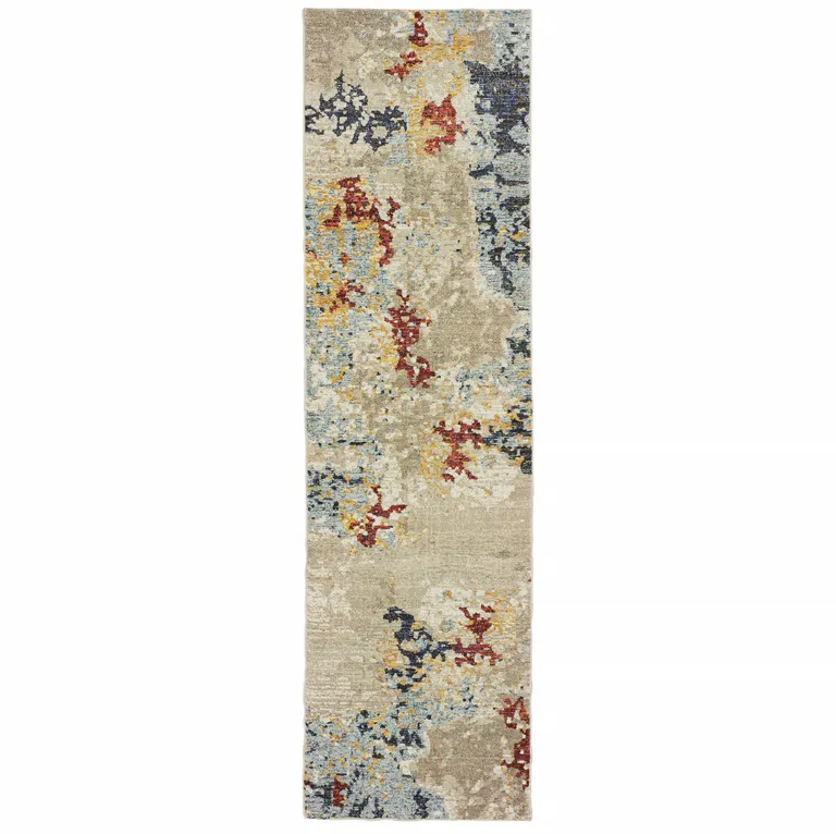 Beige And Blue Abstract Power Loom Stain Resistant Runner Rug Photo 1