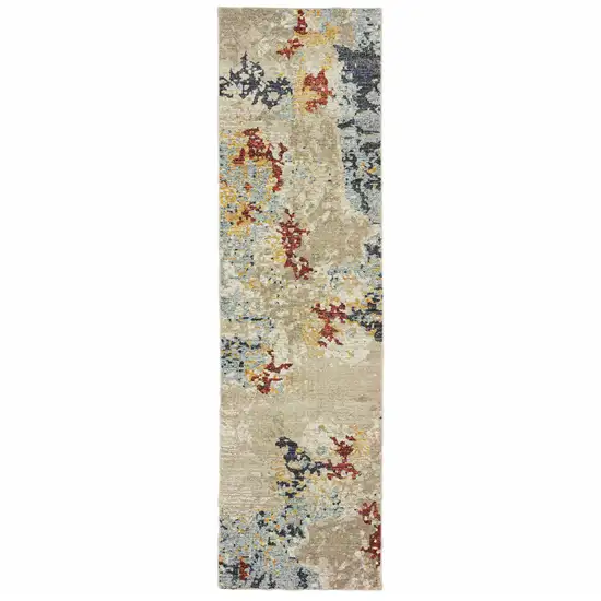 Beige And Blue Abstract Power Loom Stain Resistant Runner Rug Photo 1