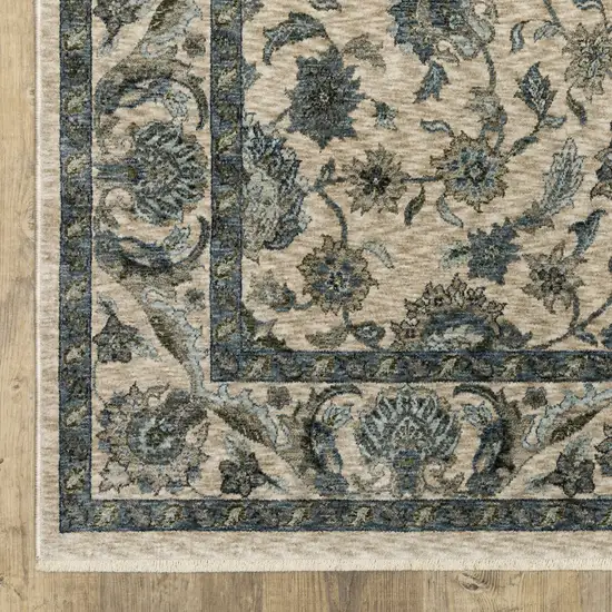 Beige And Blue Oriental Area Rug With Fringe Photo 5