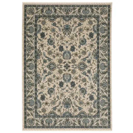 Beige And Blue Oriental Area Rug With Fringe Photo 3