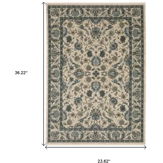 Beige And Blue Oriental Area Rug With Fringe Photo 3