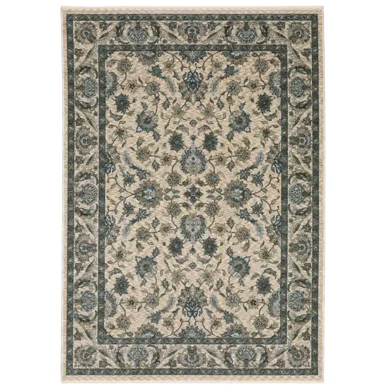 Beige And Blue Oriental Area Rug With Fringe Photo 2