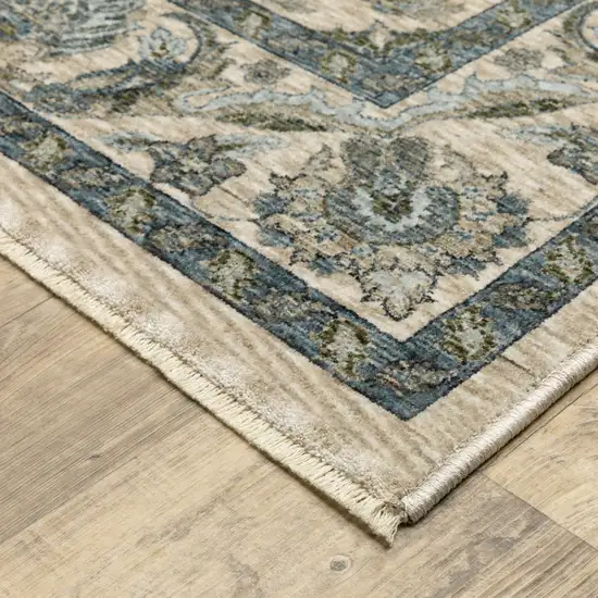 Beige And Blue Oriental Area Rug With Fringe Photo 7