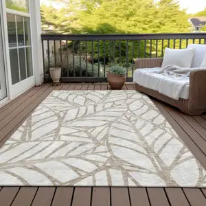 Photo of Beige And Brown Floral Washable Indoor Outdoor Area Rug