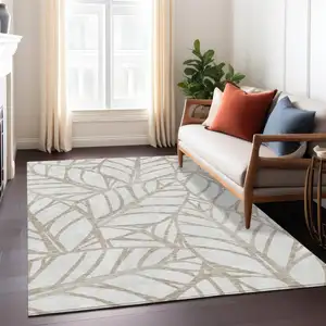 Photo of Beige And Brown Floral Washable Indoor Outdoor Area Rug