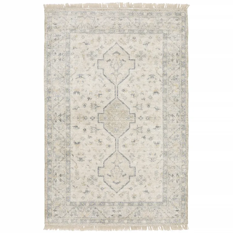 Beige And Charcoal Oriental Hand Loomed Stain Resistant Area Rug With Fringe Photo 1