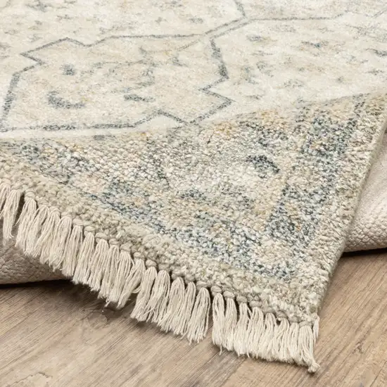 Beige And Charcoal Oriental Hand Loomed Stain Resistant Area Rug With Fringe Photo 7