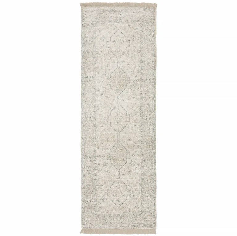 Beige And Charcoal Oriental Hand Loomed Stain Resistant Runner Rug With Fringe Photo 1