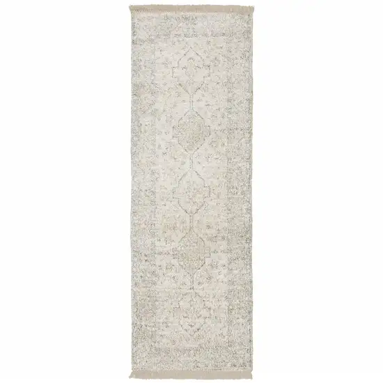 Beige And Charcoal Oriental Hand Loomed Stain Resistant Runner Rug With Fringe Photo 1