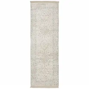 Photo of Beige And Charcoal Oriental Hand Loomed Stain Resistant Runner Rug With Fringe