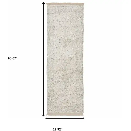 Beige And Charcoal Oriental Hand Loomed Stain Resistant Runner Rug With Fringe Photo 10