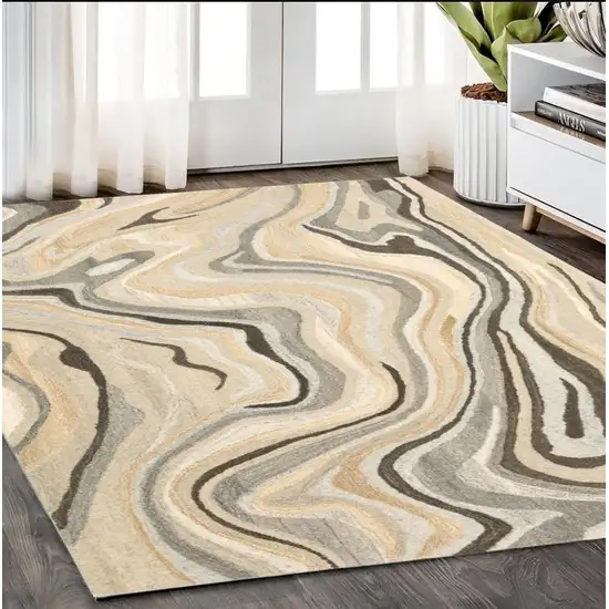 Beige And Charcoal Wool Abstract Hand Tufted Area Rug Photo 1