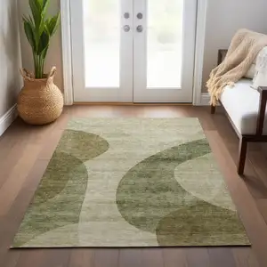 Photo of Beige And Chocolate Abstract Washable Indoor Outdoor Area Rug