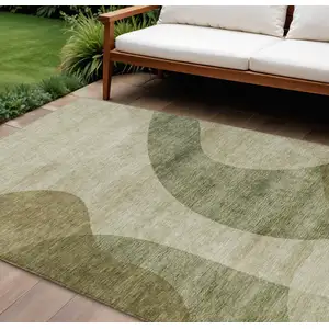 Photo of Beige And Chocolate Abstract Washable Indoor Outdoor Area Rug